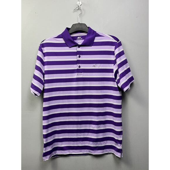 Greg Norman Polo Shirt‎ Mens Medium Purple StriAttack Life Play Dry Striped Golf - Picture 1 of 6